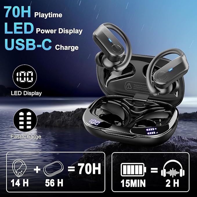 Wireless Earbuds, Sports Bluetooth 5.4 Headphones IPX8 Waterproof, 70H Over Ear Buds with Deep Bass Sound,4 ENC Noise Cancelling Mics, USB-C Fast Charging Earphones with Earhooks for Workout/Running
