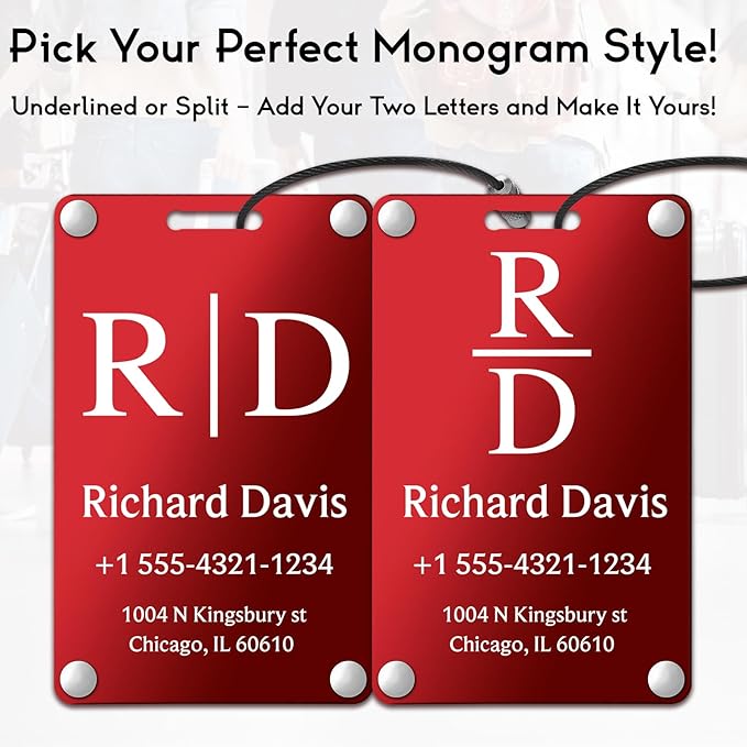Personalized Luggage Tags for Suitcases - Monogram Style Aluminum Custom Luggage Tags for Backpacks & Bags, Sturdy, Waterproof & Heavy Duty (Red/Card-Sized)