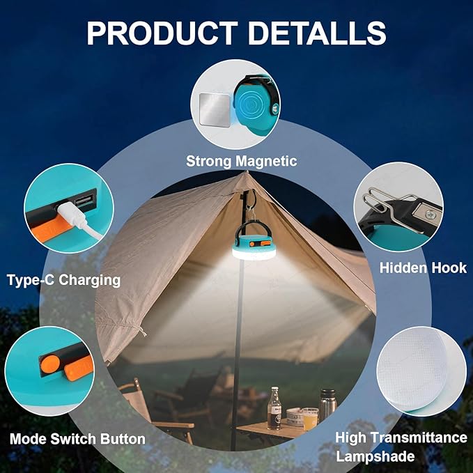 Outdoor Camping lamp Rechargeable lamp, Portable Lighting lamp. Equipped with 6 Brightness Settings, Tent lamp with Hook, Suitable for Power outages, Hiking, and Emergencies. (Blue)