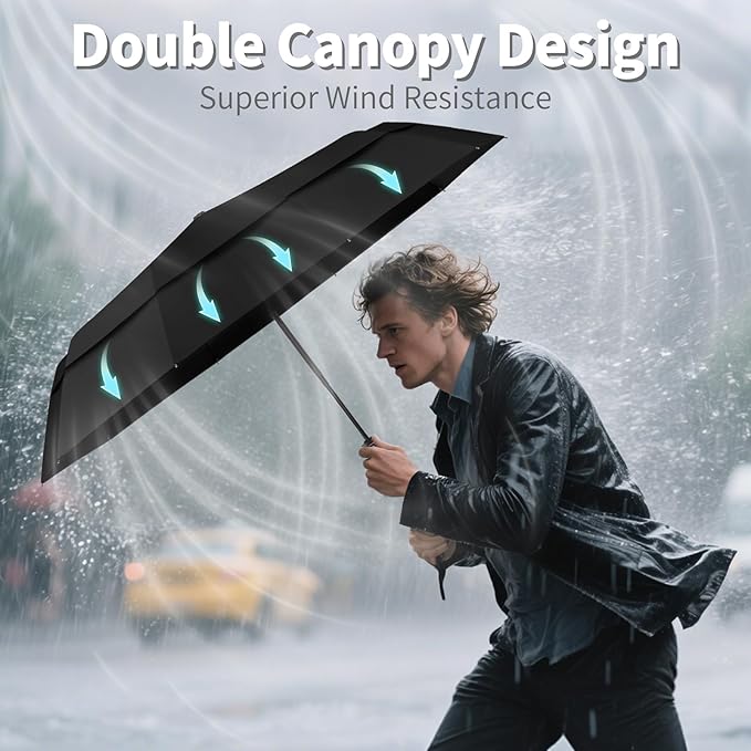 Seniny Travel Umbrella with Carabiner Handle, Windproof Large Umbrellas for Rain with Dual-Rib Structure, Portable Compact Umbrella with Reflective Strip, Car Backpack UV Umbrellas for Sun Protection