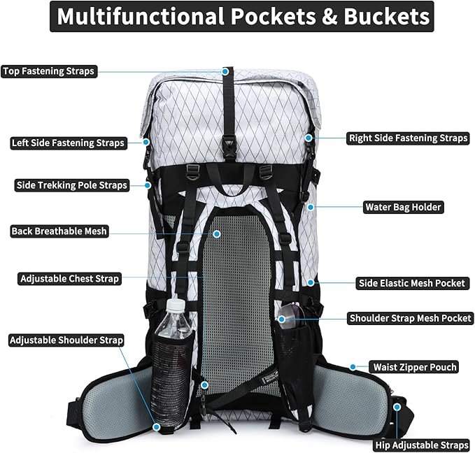 Hiking Backpack,40L Extra Large Capacity Hiking Bag,Internal Frame Camping Backpack,Upgraded X-PAC Lightweight Sport Daypack Travel Backpacks Fit For Mountain Climbing Camping (White)