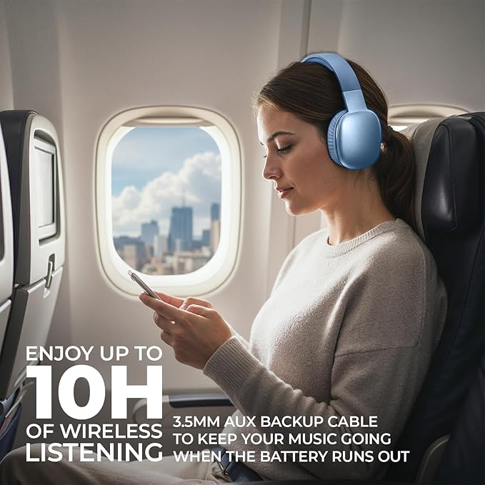 iJoy Ultra Wireless Over-Ear Bluetooth Headphones with Mic, Up to 10 Hours Playtime, Bluetooth Headset 33Ft Range with Backup AUX Cable & SD Slot, Wireless Headphones for Gaming, Work & Gym (Blue)