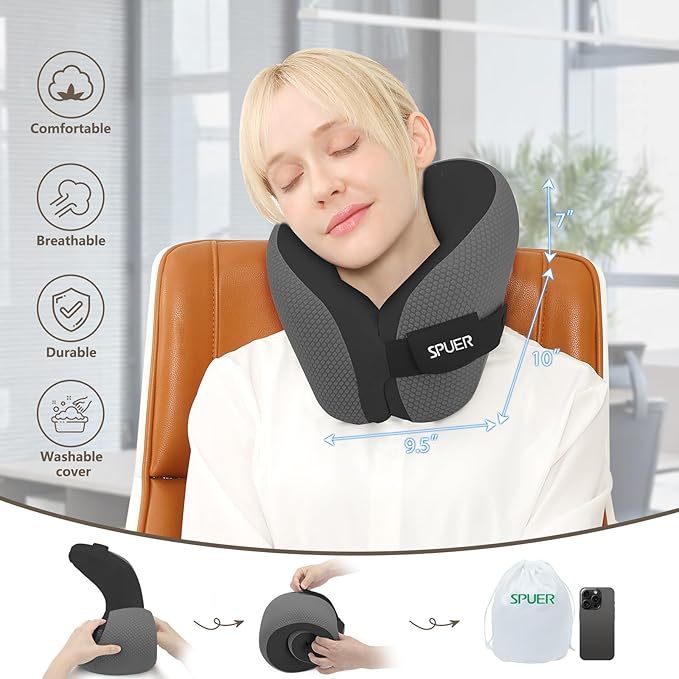 2in1 Ergonomic Memory Foam Travel Neck Pillow – Travel Pillow for All Sleep Positions on Flights, Road Trips, and Long Distance Travel with Drawstring Bag (Adjustable - Dark Gray & Black)