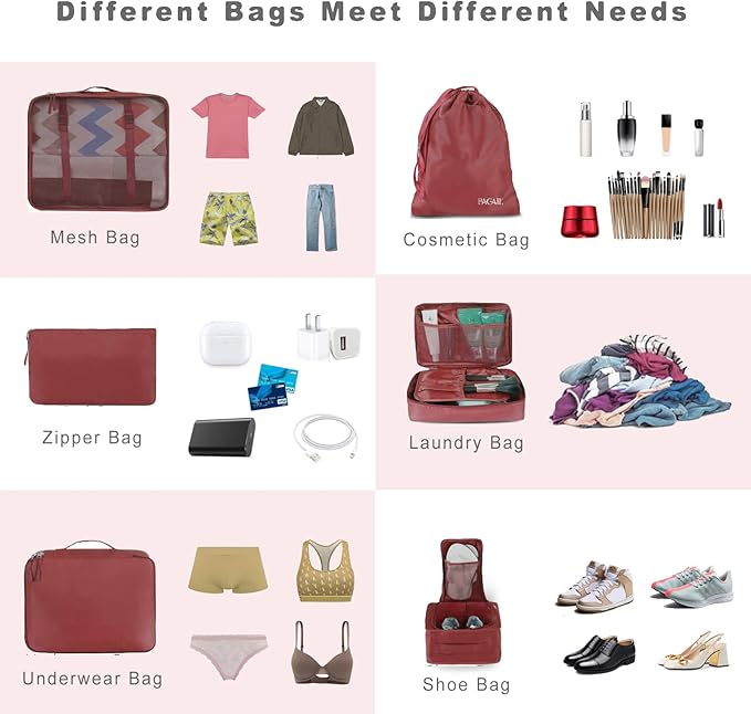 BAGAIL 8 Set Packing Cubes Luggage Packing Organizers for Travel Accessories-Wine Red