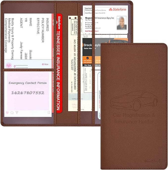 Car Insurance and Registration Holder, 9.5 x 5 Inch PU Leather Vehicle Glove Box Organizer Wallet Case for Insurance Card, Driver License, Paperwork - Brown