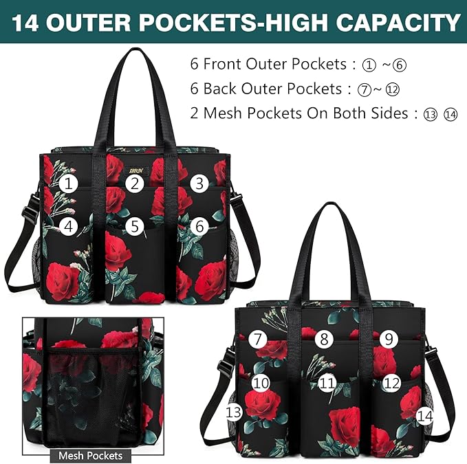 IBFUN Utility Tote Bag with 14/24 Pockets Zip Top Teacher Tote Bag for Teacher/Work Women