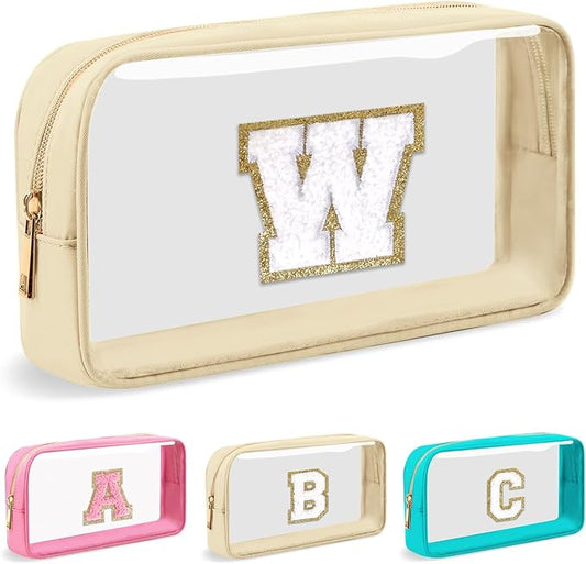 Personalized Initial Letter Clear Makeup Bag,Preppy Small Nylon&PVC Cosmetic Zipper Bag with Chenille Letter,Portable Beach Travel Skincare Toiletry Bag,Trendy Monogram Gift for Teen Girls Women,W