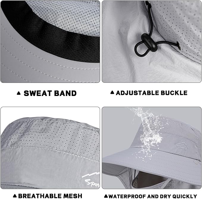 Rosoz Sun Hat for Men Women with Neck Flap,Wide Brim UPF50+ Fishing Hat with Detachable Face Cover Outdoor Sun Protection Hat