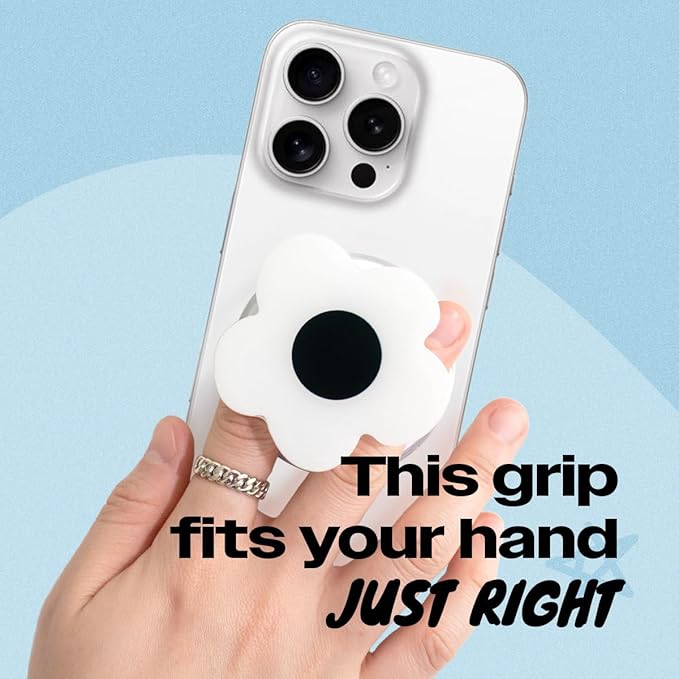 OnTheGrip Compatible with Magsafe Magnetic Cute Solid Color Daisy Flower Design Collapsible Mobile Phone Grip Stand Holder for Smartphone Tablet Cell Phone Accessory (White Black)