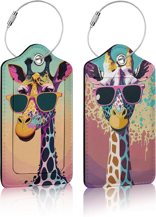 2 Pack Luggage Tag for Suitcase,Cute Giraffe Luggage Tag with PU Leather Privacy Cover ID Label & Stainless Steel Loop for Women Men Travel Bag Suitcase