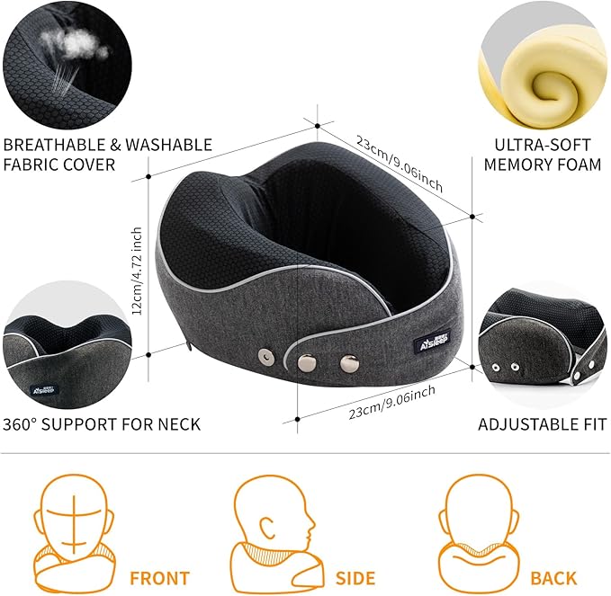 Travel Pillow, Memory Foam Neck Pillow Airplane, Travel Pillows for Airplanes, 360º Ergonomic Design Travel Neck Pillow for Travel, Car Rides, and Home, Ideal for Adults and Kids
