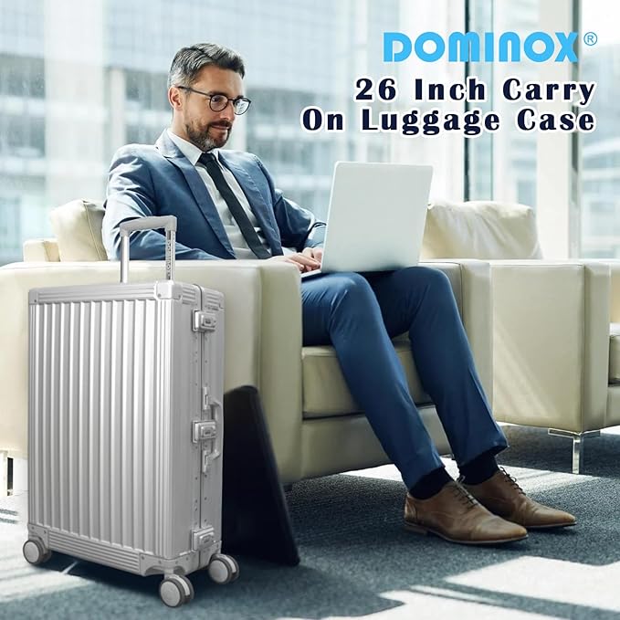 DOMINOX All Aluminum Carry On Luggage Hard Shell Luggage Aluminum Suitcase for Travel Zipperless Luggage Checked Luggage with Silent 360° Spinner Wheels 26 In. (Vertical Grain Style, Sliver)