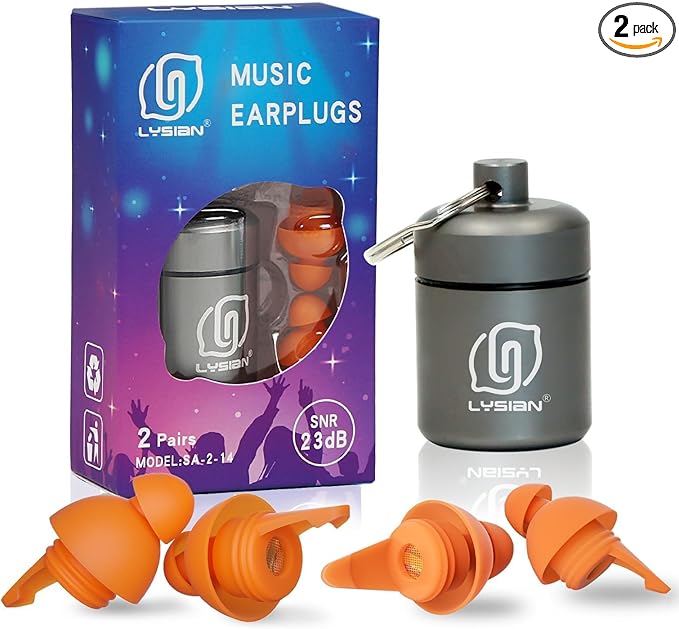 LYSIAN High Fidelity Concert Ear Plugs for Music Reusable-2 Pairs Pack Musicians Earplugs for Noise Cancelling, Concert Festivals, Drummers, DJS, Raves, Games -23dB