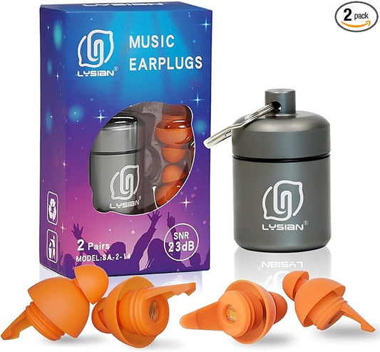 LYSIAN High Fidelity Concert Ear Plugs for Music Reusable-2 Pairs Pack Musicians Earplugs for Noise Cancelling, Concert Festivals, Drummers, DJS, Raves, Games -23dB