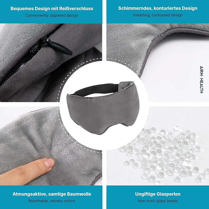 Weighted Sleep Mask with Removable Cooling and Warming Inserts – Soft Velour Eye Mask for Relaxation, Light Blocking & Travel (Gray)