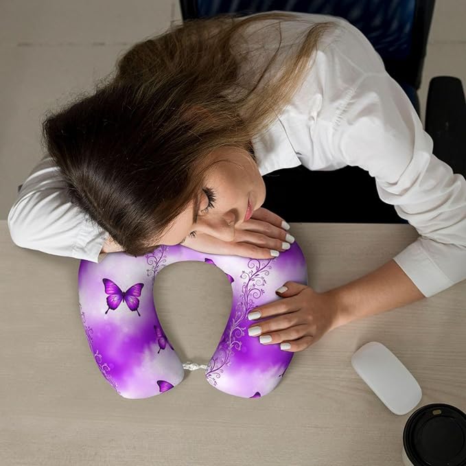 Comfortable Memory Foam Neck Pillow Purple Butterfly Art, Travel U Shaped Airplane/Car/Flight Pillows with Removable Zipper Cover, Chin Head Neck Support Cushion
