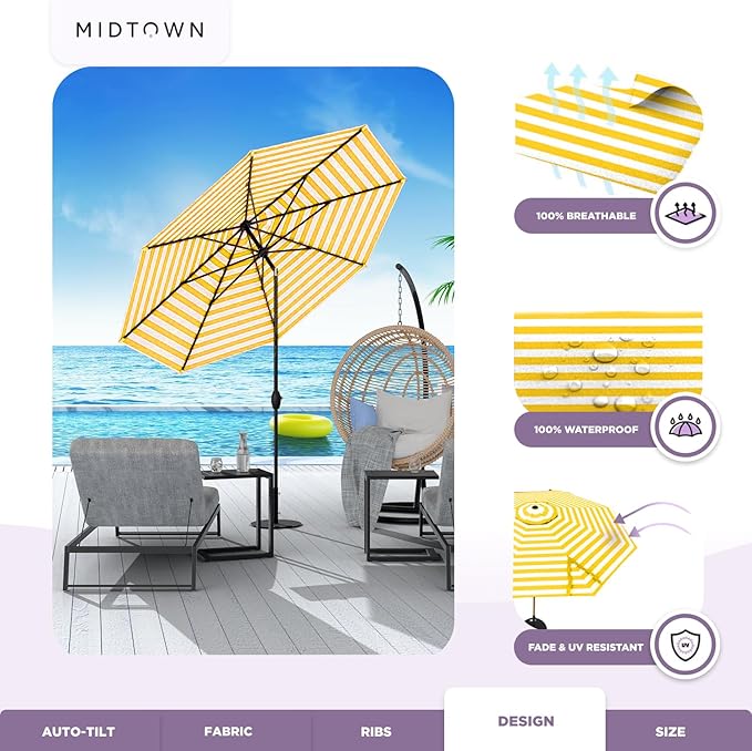Midtown Umbrellas 10-Year-No-Fade - 6 Ft - UV Proof Sunny Stripes Polyester Fabric - Umbrella Outdoor Patio, Aluminum Frame Large Patio Umbrella for Garden, Pool & Deck - Black Pole