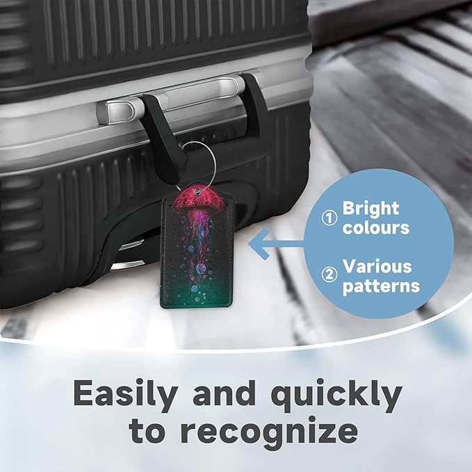 2 Pack Luggage Tag for Suitcase, Abstract Neon Jellyfish Leather Bag Tags Identifiers Privacy Cover ID Label with Durable Steel Loop for Women Men Kids Girls Travel