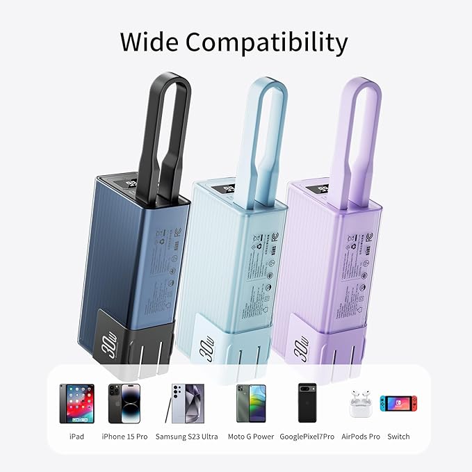 Miady Portable Charger Built-in Foldable Wall Plug, PD 30W 10000mAh Compact Power Bank has USB-C Cable & LED Display, Travel Essential Battery Pack Compatible with iPhone Galaxy Smartphones (Black)