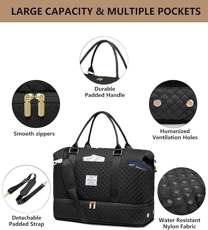 Women Weekender Travel Duffle Bags: Duffel Overnight Bag with Shoe Compartment Large Carry on Tote Bag Toiletry Bag Weekend Yoga Gym Bags with Wet Pocket Hospital Bags for Labor and Delivery Black