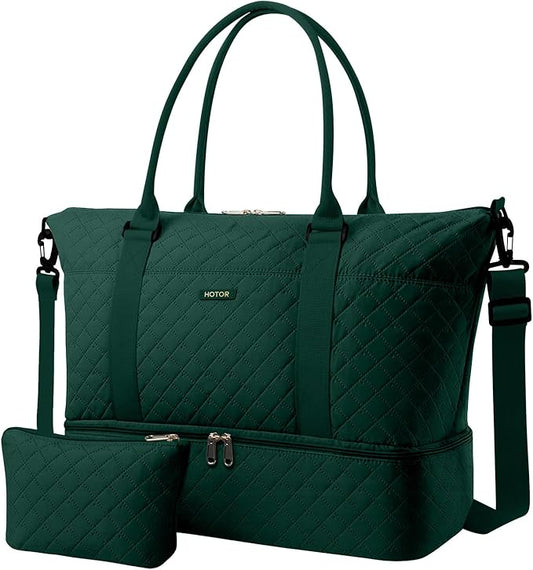 HOTOR Travel Duffel Bag - Weekender Bags for Women, Carry On Overnight Bag with Shoe Compartment, with Toiletry Bag for Travel Essentials and Travel Accessories, Dark Green, 15.8"×18.1"×8.7"