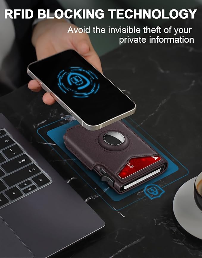 Airtag Wallet for Men, Minimalist Slim Mens Wallet Smart Pop Up Credit Card Holder for 9-13 Cards, RFID Blocking Wallet with ID Window & Cash Slot, Compact Bifold Metal Aluminum Card Case