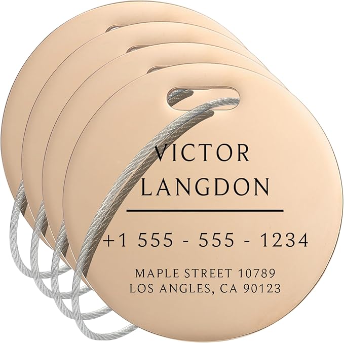 Stainless Luggage Tags for Suitcases 4 Pack: Metal Personalized Luggage Tags for Backpacks & Bags with Customizable Texts (Rose Gold)