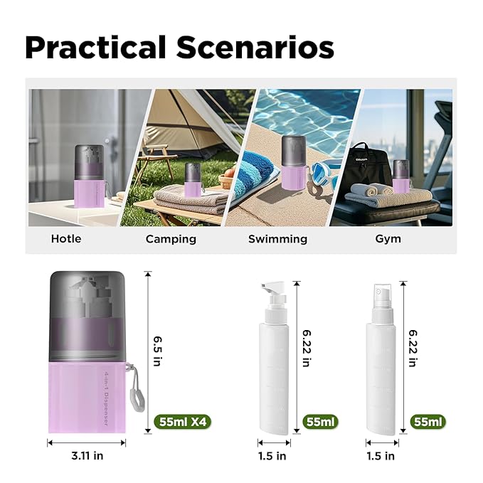 YOTIME 4in1 Travel Bottles with Suction Cup, TSA Approved Leak Proof Travel Size Containers for Toiletries, Refillable Travel Accessories for Shampoo, Body Wash and Conditioner, Pink