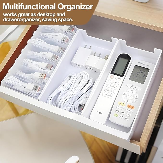 7 in 1 Charger Cable Organizer Box with Lid and 10 Cable Ties & 16 Labels Included | Multi-Function Storage for Office Desk Drawer | Cord, Charger, Card Organizer Case
