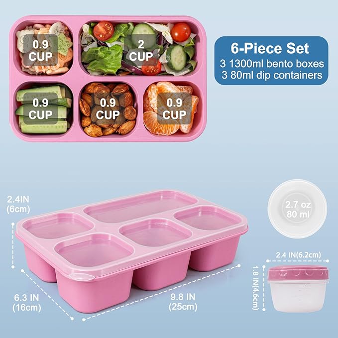 Caperci Bento Box Adult Lunchable Container - Reusable 3-Pack Snack Box Containers with 5-Compartment & 3pc Dressing Cups, BPA-Free Food Storage for Meal Prep, School, Work (Dark & Clear Lids)