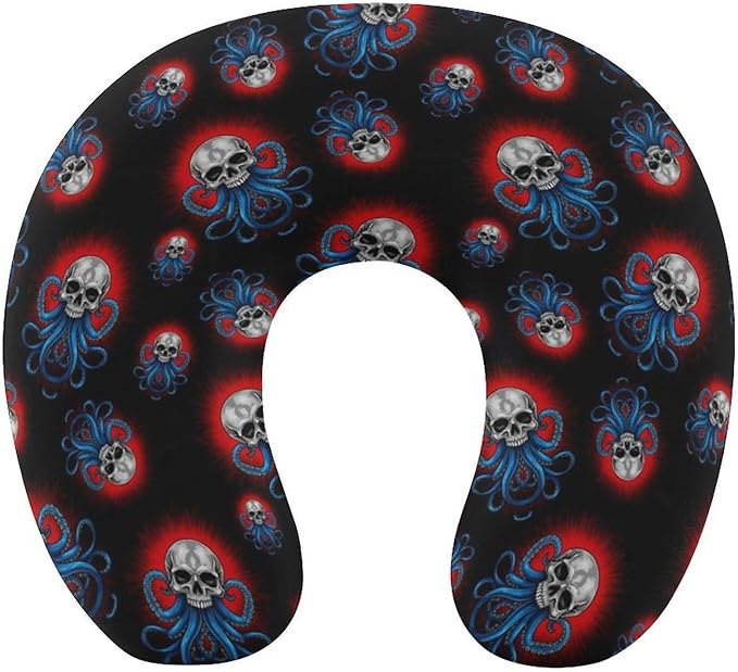 Youth Travel Neck Pillow Soft Memory Foam Chin Support Abstract Skull Octopus Tentacles, Washable Cover for Boys Girls Airplane Car School Rest