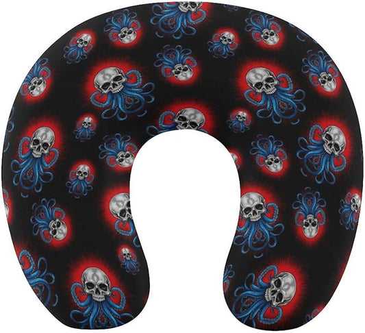 Youth Travel Neck Pillow Soft Memory Foam Chin Support Abstract Skull Octopus Tentacles, Washable Cover for Boys Girls Airplane Car School Rest