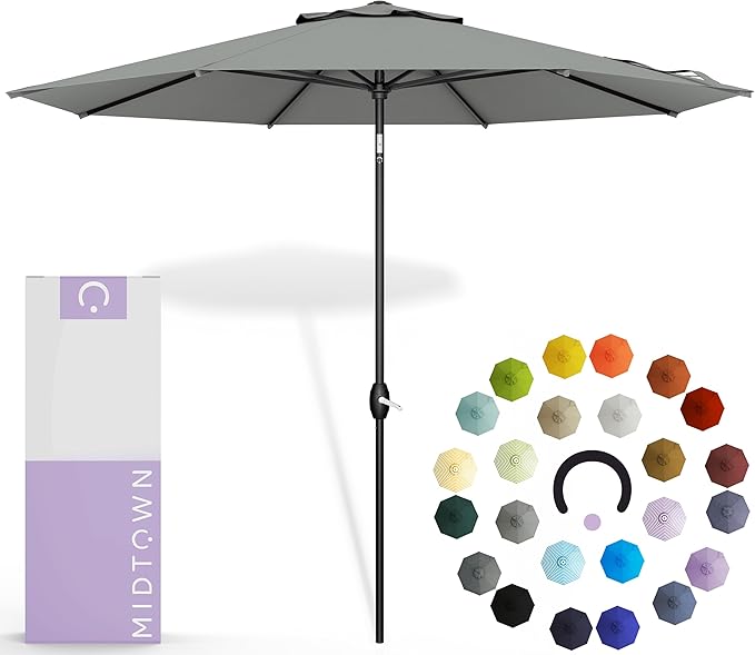 Midtown Umbrellas 10-Year-No-Fade - 6 Ft - UV Proof Grey Polyester Fabric - Umbrella Outdoor Patio, Auto-Tilt Aluminum Frame Large Patio Umbrella for Garden, Pool & Deck - Black Pole
