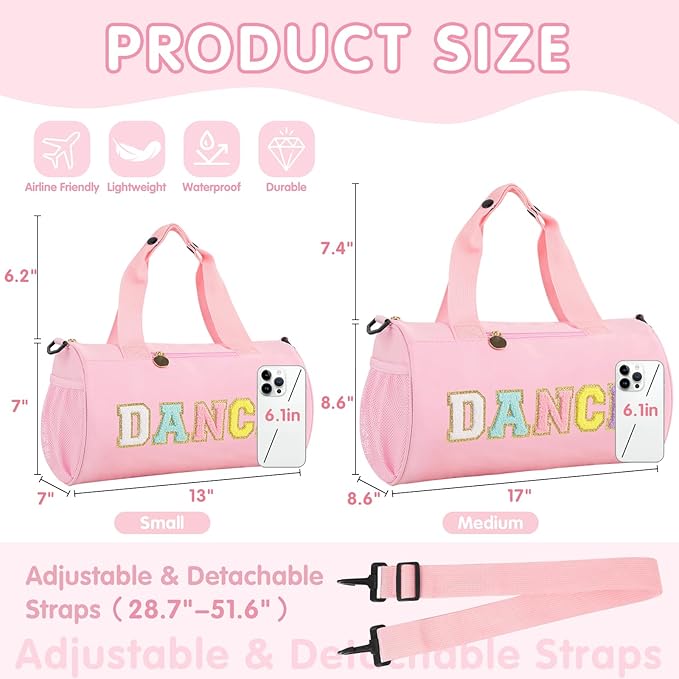 Dance Ballet Bag for Girls, Personalized Sport Gym Workout Toddler Duffel Bag Small Cheer Dance Bags,Cute Chenille Letter Waterproof kids Travel Duffel Bags Gifts for Teens Girl Dancers Athletes(Pink)