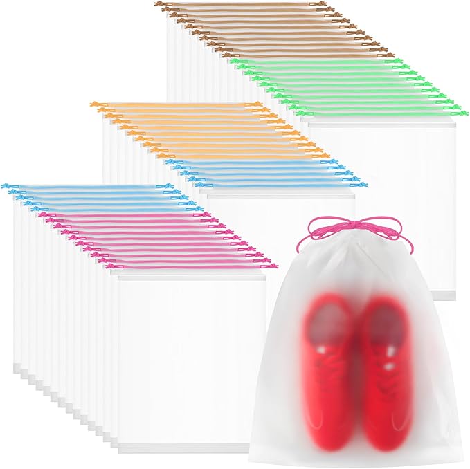 50 Pack Shoe Bags for Travel, 15.7" x 11.8" Large Clear Travel Shoe Bag with Colorful Drawstring Vacation Essentials Cruise Essentials Portable Drawstring Packing for Men & Women