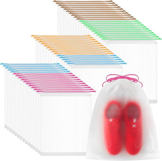 50 Pack Shoe Bags for Travel, 15.7" x 11.8" Large Clear Travel Shoe Bag with Colorful Drawstring Vacation Essentials Cruise Essentials Portable Drawstring Packing for Men & Women