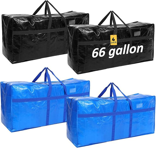 4 Pcs 66 Gallon Large Moving Bags with Zipper and Handles Foldable Storage Duffle Bags Heavy Duty Extra Large Totes for College Dorm Travel Clothes Blankets Bedding Moving (Black, Blue)