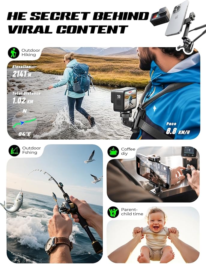 LISEN Neck Phone Holder for Bed Video Recording POV Camera Phone Chest Mount for Gopro Neck Mount [2025 Upgrad No.1] for iPhone Samsung 4-7 Inch Phones Akaso Insta360 Dji360 Other Action Cameras