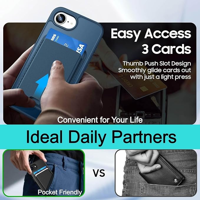 Ntwinro Magnetic for iPhone 16e Case (Compatible with MagSafe) with Detachable Wallet & Card Holder for 3 Cards [RFID Blocking] Military Grade Protective Slim Phone Cover, Deep Blue