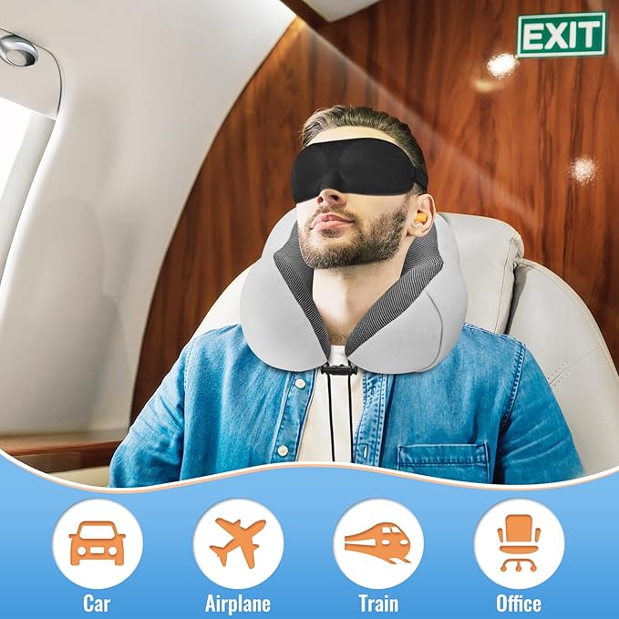 CloudBliss Travel Pillow Premium Memory Foam, Comfortable & Supportive Neck Pillow, Neck Pillows for Sleeping Travel, Airplane Pillow for Sleeping Airplane, Car, Office and Home（Black & Dark Grey）