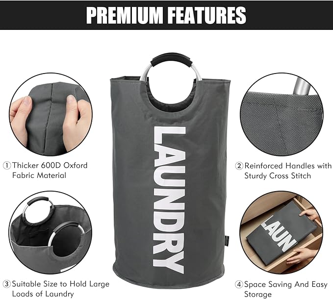 DOKEHOM 125L X-Large Collapsible Washing Laundry Basket Bag (7 Colors) for Bedroom, Fabric (Dark Grey, XL)