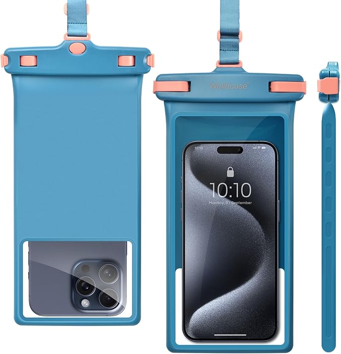 wellhouse Waterproof Phone Pouch, Waterproof Phone Case for iPhone 16 15 14 13 12 Pro Max XS Samsung, IPX8 3D Cellphone Dry Bag Beach Essentials (1 Pack - Blue8.0, 8 inch)