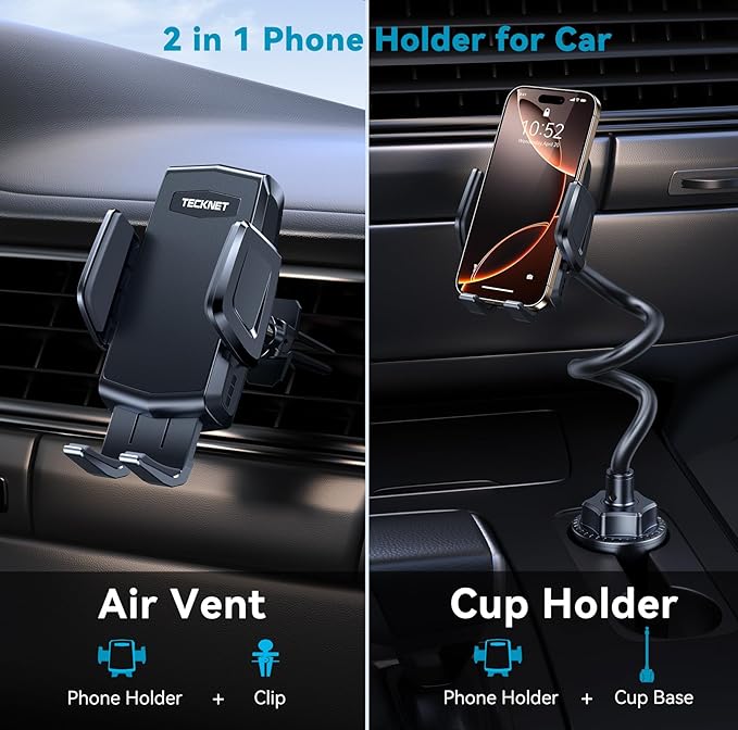 TECKNET Cup Phone Holder for Car - Adjustable Gooseneck Cup Holder Cradle Car Mount with Air Vent Holders & Expandable Base, Cell Phone Holders for iPhone 17/16 Pro Max and All Cell Phones, Cars model