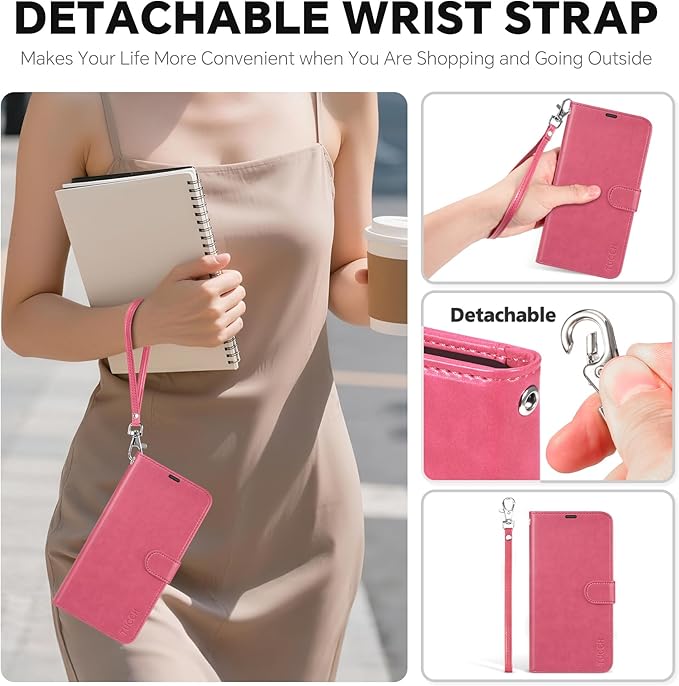 TUCCH 2-in-1 Removable Wallet Case for iPhone 17 Pro Max (6.9-inch) 2025, Wireless Charging | RFID Blocking 4 Card Slots | Wrist Strap | Kickstand | Magnetic | PU Leather | Protective Cover | Hot Pink