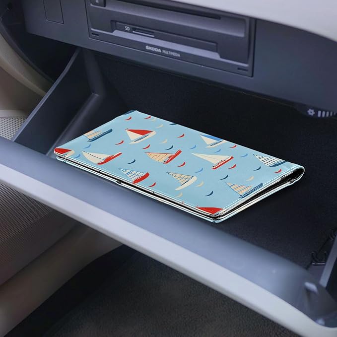 Boats Print Car Registration and Insurance Holder Leather Vehicle Document Glove Box Organizer for License Cards Accessories