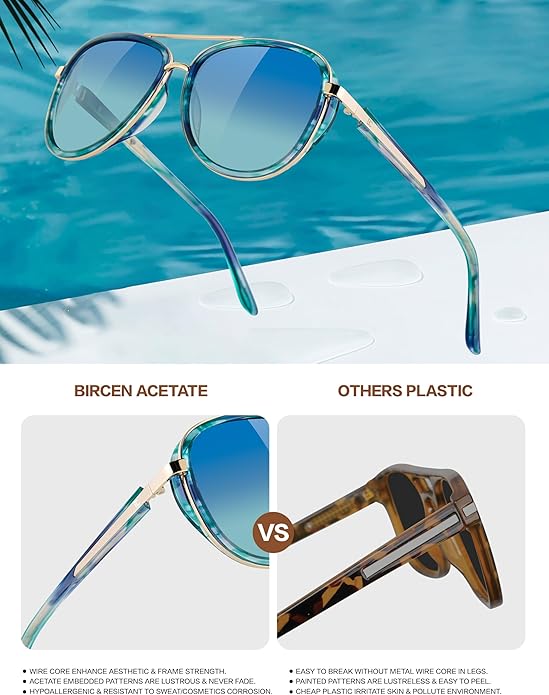 BIRCEN Polarized Sunglasses for Women UV - Protection Womens Retro Mirrored Shades with Acetate Frame BC2001