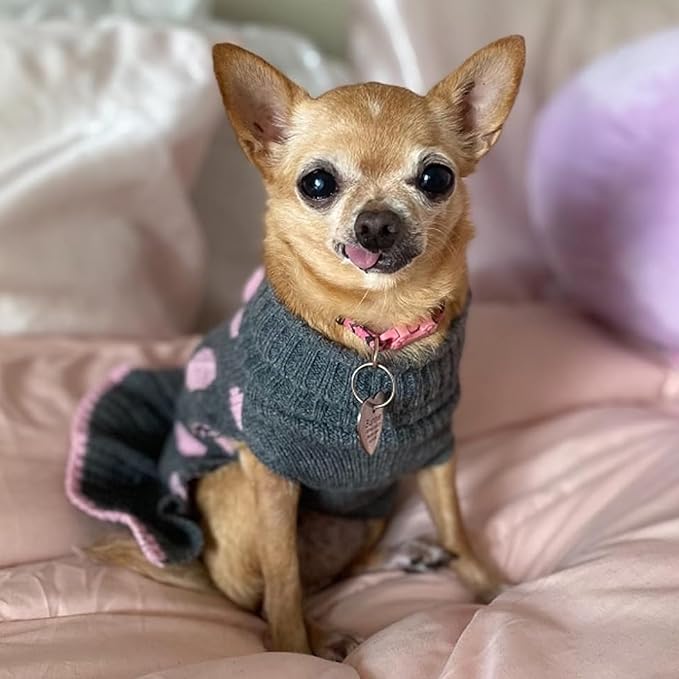 KYEESE Dog Sweater Dress Polka Dot Dog Sweater for Girl with Leash Hole Knit Warm Dogs Clothes with Pom Pom Ball for Fall Winter