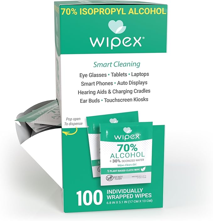 Wipex 70% Isopropyl Alcohol Wipes - Individually Wrapped Sachets, Electronic & Tech Wipes in Dispensing Box, 100 Count (Pack of 1)