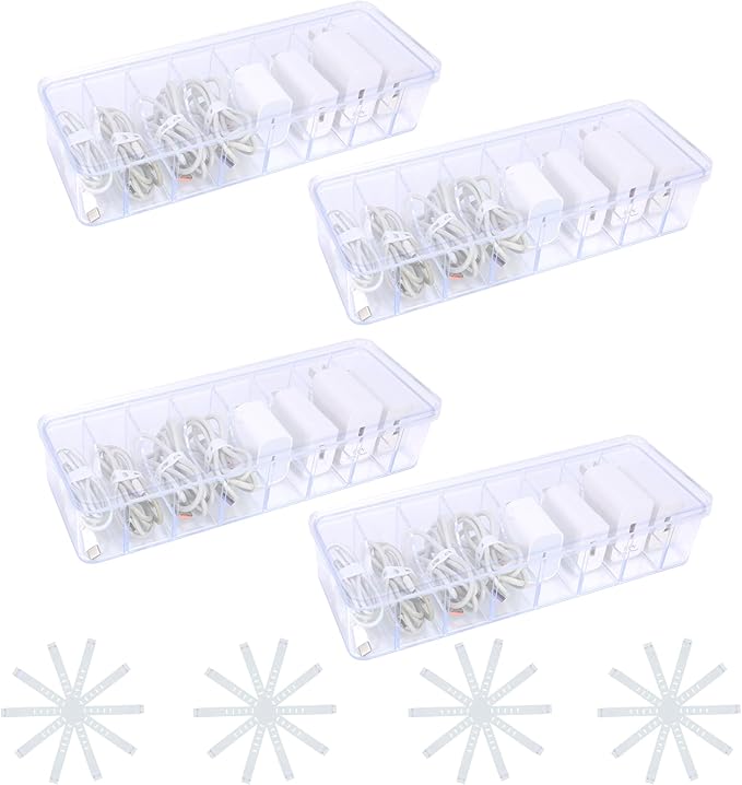 4pcs, Cord Storage Organizer, with 40 Straps, Cable Storage Organizer, Charger Organizer, Cord Organizer Box, Charging Cord Organizer, Cord Organizer Storage, Transparent Plastic Box with Lid
