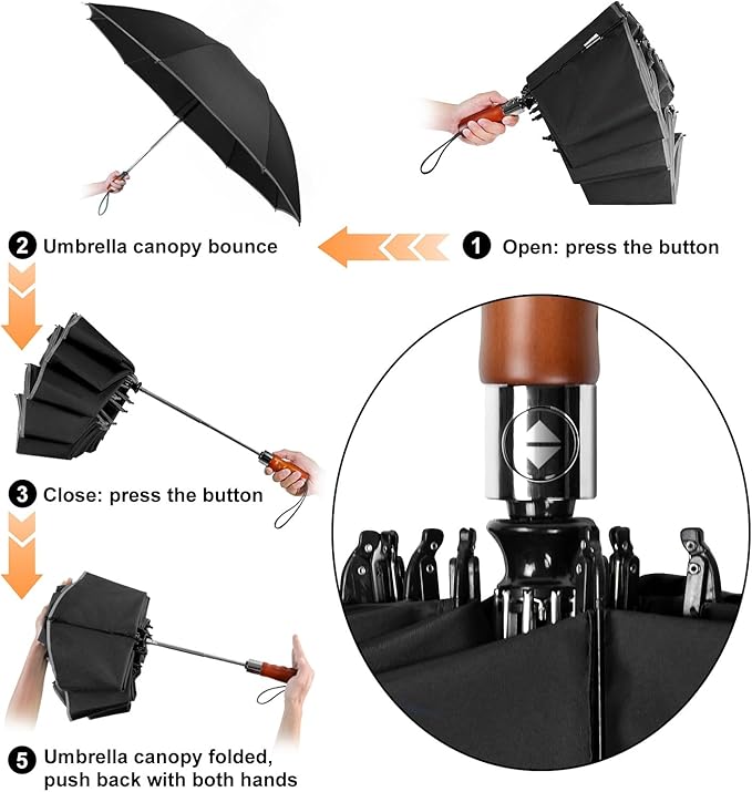Lejorain Golf Large Inverted Umbrella - Black Big Windproof Heavy Duty Upside Down 46/50/54 Inch Compact Reverse Car Automatic Folding Reflective Umbrella